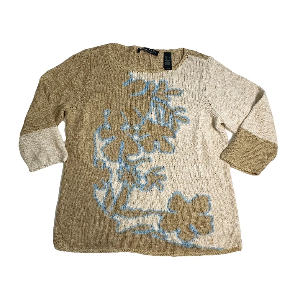 Crazy Horse Collection Women's Flower Textured Open Knit Sweater Beige Tan LARGE